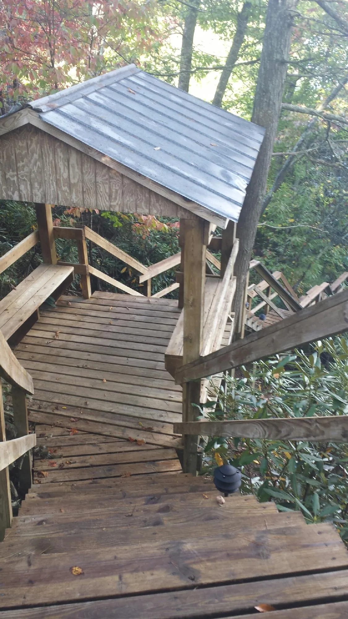 Metal roofed shelter over wooden steps on a wooded walkway — Skylight Repair & Installation work by our crew in Colona
